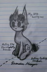 Size: 2141x3269 | Tagged: safe, artist:antique1899, derpibooru import, oc, oc:ragtime melody, unofficial characters only, pony, unicorn, lined paper, meme, monochrome, signature, sitting, solo, vulgar