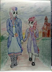 Size: 3000x4160 | Tagged: anthro, artist:mildgyth, backpack, bon bon, boots, clothes, derpibooru import, faravahar, female, food, high res, holding hands, missing accessory, mother and child, mother and daughter, plantigrade anthro, pomegranate, ponyville schoolhouse, safe, scarf, school uniform, shoes, socks, stockings, sunset, sweetie drops, thigh highs, traditional art, twist, walking, ziragshabdarverse