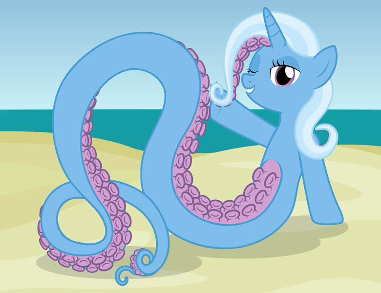 Size: 2750x2115 | Tagged: safe, artist:badumsquish, derpibooru import, trixie, original species, pony, tentacle pony, unicorn, beach, female, grin, one eye closed, pose, pun in description, raised hoof, show accurate, sitting, smiling, solo, species swap, suckers, tentacles, wink