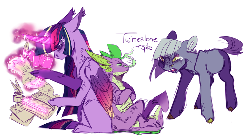 Size: 1561x869 | Tagged: safe, artist:eqq_scremble, derpibooru import, limestone pie, spike, twilight sparkle, twilight sparkle (alicorn), alicorn, dragon, earth pony, pony, soul bond au, alternate design, alternate universe, angery, book, cloven hooves, crossed arms, crossed legs, female, lesbian, magic, male, mare, paper, quill, scowl, shipping, smoke, tired, twimestone