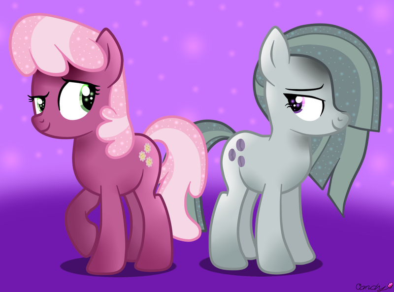 Size: 1173x869 | Tagged: safe, artist:angelina-pax, artist:candydrop5, derpibooru import, cheerilee, marble pie, earth pony, pony, base used, bedroom eyes, duo, female, hair over one eye, looking at each other, mare, raised eyebrow, raised hoof