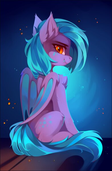 Size: 1540x2349 | Tagged: safe, artist:share dast, derpibooru import, oc, unofficial characters only, bat pony, pony, fangs, female, freckles, looking at you, looking back, looking back at you, smiling, solo