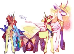 Size: 2076x1500 | Tagged: safe, artist:eqq_scremble, derpibooru import, flam, flim, princess celestia, rainbow dash, alicorn, pegasus, pony, unicorn, soul bond au, alternate design, alternate universe, beard, cloven hooves, crown, drunk, drunk bubbles, drunker dash, facial hair, female, flamlestia, flim flam brothers, flimdash, floating crown, jewelry, leonine tail, male, mare, moustache, pregnant, regalia, shipping, siblings, simple background, stallion, straight, stubble, twins