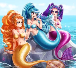 Size: 1125x1000 | Tagged: safe, artist:racoonsan, derpibooru import, adagio dazzle, aria blaze, sonata dusk, mermaid, siren, starfish, equestria girls, adoragio, adorasexy, angry, ariabetes, bare shoulders, belly button, blurred background, breasts, busty adagio dazzle, cute, cute little fangs, dripping, ear fins, eyelashes, eyeshadow, fangs, female, fish tail, frown, gem, hair tie, lidded eyes, long nails, makeup, mermaidized, nail polish, noblewoman's laugh, ocean, open mouth, outdoors, patreon, pigtails, playful, ponytail, raised eyebrow, reasonably sized breasts, rock, scales, sexy, siren gem, sirens doing siren things, sitting, sleeveless, sonatabetes, species swap, spiked headband, splash, splashing, strapless, sweat, sweatdrop, the dazzlings, trio, trio female, twintails, unamused, vein bulge, water, wet