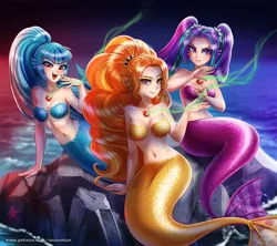 Size: 1125x1000 | Tagged: adagio dazzle, adoragio, adorasexy, ariabetes, aria blaze, artist:racoonsan, bare shoulders, belly button, blurred background, breasts, cute, cute little fangs, derpibooru import, ear fins, eyelashes, eyeshadow, fangs, feeding, female, fish tail, gem, hair tie, human, humanized, lidded eyes, long nails, looking at you, magic, makeup, mermaid, mermaidized, nail polish, negative energy, noblewoman's laugh, ocean, open mouth, outdoors, patreon, pigtails, ponytail, raised eyebrow, reasonably sized breasts, rock, safe, scales, sexy, siren, siren gem, sirens doing siren things, sitting, sleeveless, smiling, smirk, sonatabetes, sonata dusk, species swap, spiked headband, starfish, the dazzlings, trio, twintails, water