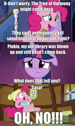 Size: 1280x2160 | Tagged: safe, derpibooru import, edit, edited screencap, screencap, pinkie pie, twilight sparkle, twilight sparkle (alicorn), alicorn, earth pony, pony, best gift ever, the beginning of the end, spoiler:s09, caption, clothes, comic, floppy ears, hat, image macro, impact font, implied tree of harmony, it could happen, major spoilers, scarf, screencap comic, text