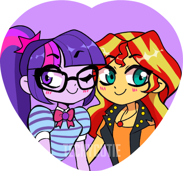 Size: 600x560 | Tagged: safe, artist:techycutie, derpibooru import, sci-twi, sunset shimmer, twilight sparkle, human, equestria girls, equestria girls series, blushing, cute, female, geode of empathy, geode of telekinesis, heart, lesbian, magical geodes, scitwishimmer, shimmerbetes, shipping, sunsetsparkle, twiabetes, watermark