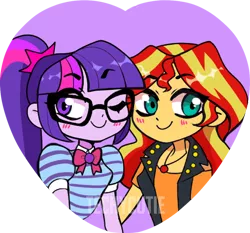 Size: 600x560 | Tagged: safe, artist:techycutie, derpibooru import, sci-twi, sunset shimmer, twilight sparkle, human, equestria girls, equestria girls series, blushing, cute, female, geode of empathy, geode of telekinesis, heart, lesbian, magical geodes, scitwishimmer, shimmerbetes, shipping, sunsetsparkle, twiabetes, watermark