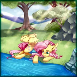 Size: 600x600 | Tagged: safe, artist:bluekazenate, derpibooru import, fluttershy, pegasus, pony, clothes, crepuscular rays, cute, deviantart watermark, female, looking at something, looking down, mare, obtrusive watermark, one wing out, one-piece swimsuit, outdoors, relaxing, river, riverbank, shyabetes, side, smiling, solo, swimsuit, tree, watermark, wings