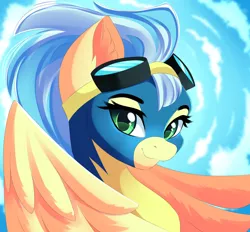 Size: 1024x952 | Tagged: safe, artist:airiniblock, derpibooru import, misty fly, pegasus, pony, beautiful, clothes, cloud, cute, ear fluff, female, goggles, mare, rcf community, sky, solo, uniform, wonderbolts uniform