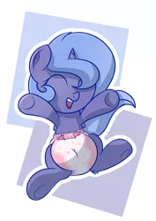 Size: 1280x1810 | Tagged: safe, artist:zalakir, derpibooru import, princess luna, alicorn, pony, abstract background, baby, baby pony, cute, daaaaaaaaaaaw, diaper, eyes closed, female, filly, foal, happy, lunabetes, simple background, smiling, solo, weapons-grade cute, woona, younger