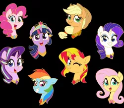 Size: 1050x915 | Tagged: safe, artist:sophieascruggs, derpibooru import, applejack, fluttershy, pinkie pie, rainbow dash, rarity, starlight glimmer, sunset shimmer, twilight sparkle, earth pony, pegasus, pony, unicorn, big crown thingy, black background, bust, element of forgiveness, element of generosity, element of honesty, element of justice, element of kindness, element of laughter, element of loyalty, element of magic, elements of harmony, jewelry, looking at you, mane eight, mane six, portrait, regalia, simple background, smiling
