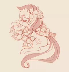 Size: 622x644 | Tagged: safe, artist:dreamyri, derpibooru import, roseluck, earth pony, pony, eyes closed, female, flower, flower in hair, mare, monochrome, prone, sketch, smiling, solo