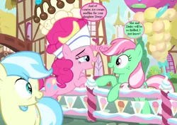 Size: 837x594 | Tagged: safe, derpibooru import, edit, edited screencap, screencap, cultivar, minty, pinkie pie, pony, sundae sundae sundae, spoiler:interseason shorts, cropped, cute, dialogue, diapinkes, hat, headcanon, ice cream hat, implied derpy, implied dinky, mintabetes, speech bubble