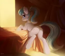 Size: 2173x1853 | Tagged: suggestive, artist:draconidsmxz, derpibooru import, oc, oc:oofy colorful, unofficial characters only, earth pony, pony, adorasexy, beautiful, bed, bedroom, bedroom eyes, butt, curtains, cute, dock, ear fluff, featureless crotch, female, fluffy, frog (hoof), gift art, hair tie, indoors, leg fluff, looking at you, looking back, looking back at you, mare, plot, ponytail, pose, presenting, raised hoof, raised tail, rear view, sexy, shading, shoulder fluff, smiling, solo, sultry, sultry pose, tail, tail aside, underhoof