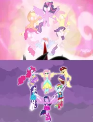 Size: 1088x1413 | Tagged: safe, derpibooru import, screencap, applejack, fluttershy, pinkie pie, rainbow dash, rarity, twilight sparkle, twilight sparkle (alicorn), alicorn, earth pony, pegasus, pony, unicorn, equestria girls, equestria girls (movie), the beginning of the end, spoiler:s09, comparison, fall formal outfits, female, humane five, mane six, mare, the elements in action, together