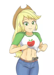 Size: 2479x3424 | Tagged: safe, artist:sumin6301, derpibooru import, applejack, equestria girls, equestria girls series, abs, applejack's hat, belly button, belt, clothes, cowboy hat, cute, denim, freckles, geode of super strength, glock, gun, handgun, hat, high res, jackabetes, jeans, lifting, looking at you, magical geodes, midriff, pants, pistol, shirt, shirt lift, simple background, smiling, solo, stetson, this will end in pain and/or tears and/or death, weapon, white background