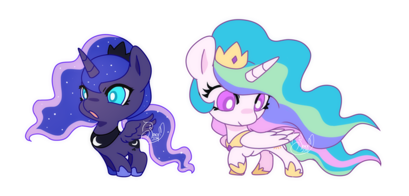 Size: 1600x768 | Tagged: safe, artist:renciel, derpibooru import, princess celestia, princess luna, alicorn, pony, chibi, crown, cute, cutelestia, duo, hoof shoes, jewelry, lunabetes, open mouth, peytral, regalia, royal sisters, simple background, smol, transparent background