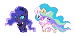 Size: 1600x768 | Tagged: safe, artist:renciel, derpibooru import, princess celestia, princess luna, alicorn, pony, chibi, crown, cute, cutelestia, duo, hoof shoes, jewelry, lunabetes, open mouth, peytral, regalia, royal sisters, simple background, smol, transparent background