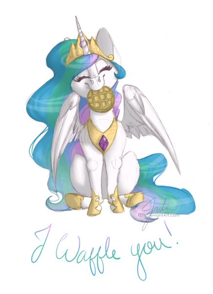 Size: 5100x7014 | Tagged: safe, artist:drawingjules, derpibooru import, princess celestia, alicorn, pony, absurd resolution, c:, crown, cute, cutelestia, eyes closed, female, food, head tilt, hnnng, hoof shoes, jewelry, mare, nom, peytral, regalia, silly, silly pony, simple background, sitting, smiling, solo, spread wings, text, transparent background, waffle, wing fluff, wings