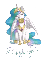 Size: 5100x7014 | Tagged: safe, artist:drawingjules, derpibooru import, princess celestia, alicorn, pony, absurd resolution, c:, crown, cute, cutelestia, eyes closed, female, food, head tilt, hnnng, hoof shoes, jewelry, mare, nom, peytral, regalia, silly, silly pony, simple background, sitting, smiling, solo, spread wings, text, transparent background, waffle, wing fluff, wings