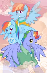 Size: 1242x1920 | Tagged: safe, artist:nytewell, derpibooru import, bow hothoof, rainbow dash, windy whistles, pegasus, pony, cloud, cute, eye clipping through hair, family photo, father and child, father and daughter, female, male, mare, mother and child, mother and daughter, smiling, spread wings, stallion, trio, wing fluff, wings