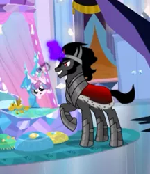 Size: 347x401 | Tagged: safe, derpibooru import, screencap, king sombra, princess flurry heart, alicorn, pony, unicorn, season 9, the beginning of the end, spoiler:s09, baby, baby pony, back, cropped, dark magic, duo, evil grin, female, filly, foal, foalnapping, glowing horn, grin, horn, how, impossible, kidnapped, magic, male, pure evil, raised hoof, smiling, stallion, telekinesis, toy, why