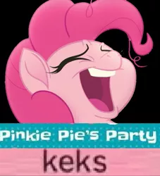 Size: 723x798 | Tagged: safe, derpibooru import, edit, edited screencap, screencap, pinkie pie, earth pony, pony, my little pony: the movie, black background, caption, cropped, expand dong, exploitable meme, forty keks, image macro, kek, laughing, meme, simple background, text