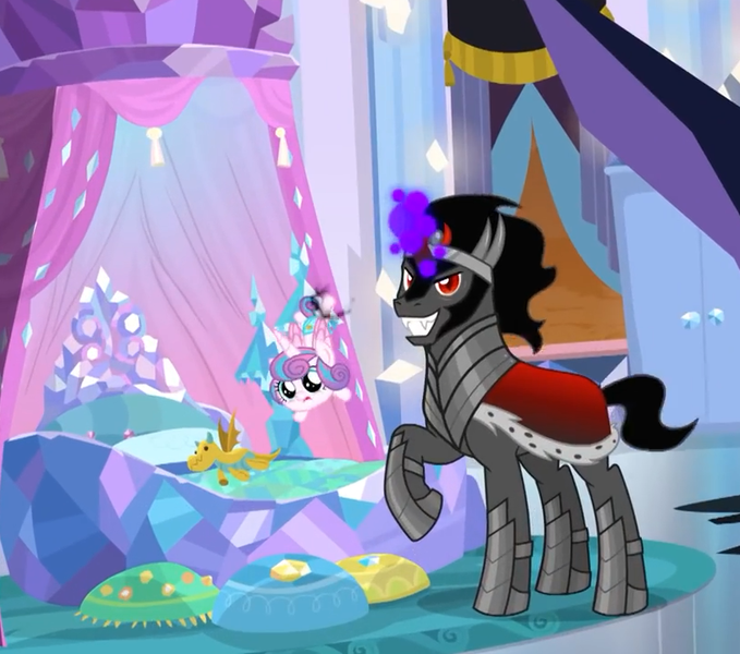 Size: 812x718 | Tagged: safe, derpibooru import, screencap, king sombra, princess flurry heart, alicorn, pony, unicorn, the beginning of the end, bed, bedroom, cropped, dark magic, duo, evil grin, fangs, female, filly, foal, frown, grin, how, impossible, levitation, magic, male, open mouth, plushie, raised hoof, smiling, smirk, stallion, teaser, telekinesis, this will end in tears, why, wide eyes