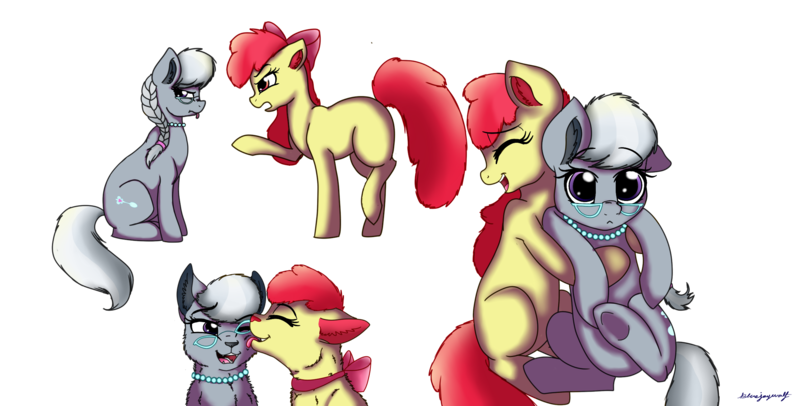 Size: 2366x1200 | Tagged: safe, artist:saphi-boo, derpibooru import, apple bloom, silver spoon, cat, earth pony, pony, applespoon, blank flank, catified, cutie mark, female, filly, floppy ears, hug, lesbian, licking, raised hoof, shipping, simple background, species swap, tongue out, transparent background