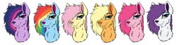 Size: 4000x1025 | Tagged: applejack, artist:saphi-boo, bust, derpibooru import, dog, dogified, female, fluffy, fluttershy, hair over one eye, lidded eyes, looking at you, mane six, palette swap, pinkie pie, rainbow dash, rarity, recolor, safe, simple background, smiling, species swap, transparent background, twilight sparkle