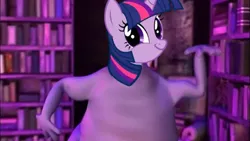 Size: 1920x1080 | Tagged: book, bookshelf, cursed image, dancing, derpibooru import, faic, fusion, globglogabgalab, meme face, music video, safe, smiling, smirk, strawinsky and the mysterious house, that pony sure does love books, twiface, twilight sparkle, wat, what has science done