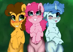 Size: 2146x1555 | Tagged: safe, artist:saphi-boo, derpibooru import, cheese sandwich, party favor, pinkie pie, earth pony, pony, unicorn, bisexual, blushing, cheesefavor, cheesepie, crossed hooves, eyebrows visible through hair, female, floppy ears, fluffy, gay, male, mare, on back, one eye closed, ot3, party trio, partycheesepie, partypie, pinkie pie gets all the stallions, polyamory, shipping, smiling, stallion, straight, tongue out, wink