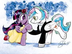 Size: 2840x2112 | Tagged: safe, artist:andypriceart, artist:koolfrood, derpibooru import, twilight sparkle, twilight sparkle (alicorn), oc, oc:ian denney, alicorn, pony, alicorn oc, bowtie, clothes, colored sketch, crossover, dress, female, horn, male, mare, shipping, stallion, tuxedo, wings
