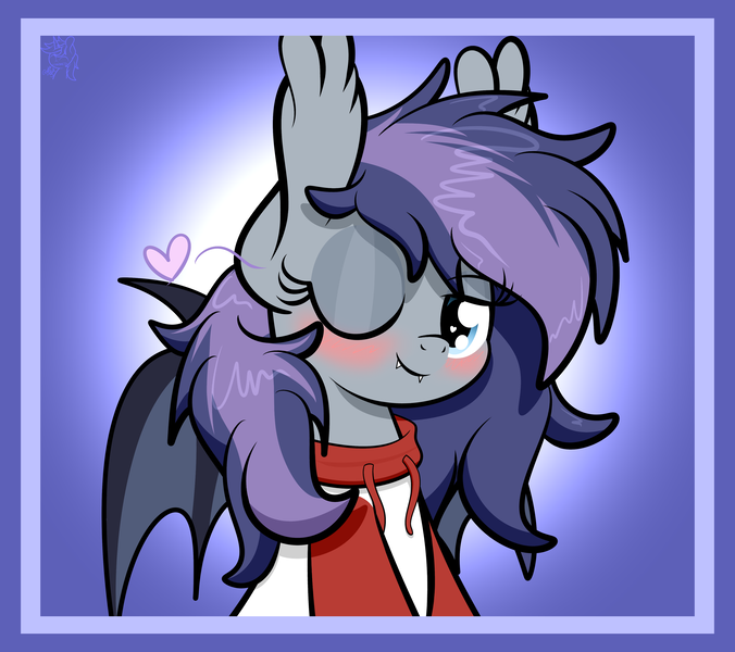 Size: 4494x3986 | Tagged: safe, artist:kimjoman, derpibooru import, oc, oc:andromeda galaktika, unofficial characters only, bat pony, pony, bat pony oc, bat wings, clothes, commission, ear fluff, female, heart, heart eyes, looking at you, one eye closed, solo, spread wings, sweater, wingding eyes, wings, wink