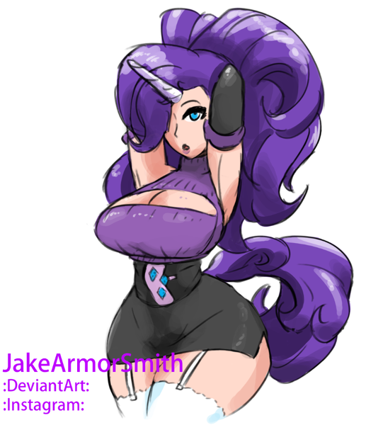 Size: 759x881 | Tagged: alternate hairstyle, arm behind head, armpits, artist:jakearmorsmith, big breasts, boob window, breasts, busty rarity, cleavage, clothes, curvy, cutie mark, cutie mark on clothes, derpibooru import, duckery in the source, evening gloves, eyelashes, female, garter belt, garters, gloves, hair over one eye, horn, horned humanization, hourglass figure, human, humanized, keyhole turtleneck, lipstick, long gloves, looking at you, microskirt, miniskirt, :o, open mouth, pose, rarity, seductive, seductive pose, sexy, side slit, simple background, skirt, sleeveless, sleeveless turtleneck, socks, solo, solo female, stockings, stupid sexy rarity, suggestive, sweater, tail, tailed humanization, text, thick, thigh highs, thighs, thunder thighs, tight clothing, turtleneck, wall of tags, white background, wide hips, zettai ryouiki