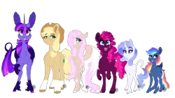 Size: 4167x2334 | Tagged: safe, alternate version, artist:saphi-boo, derpibooru import, applejack, fluttershy, pinkie pie, rainbow dash, rarity, twilight sparkle, twilight sparkle (alicorn), alicorn, classical unicorn, earth pony, pegasus, pony, unicorn, alternate color palette, alternate cutie mark, alternate design, alternate universe, big ears, blaze (coat marking), cloven hooves, coat markings, female, floppy ears, grin, hair over one eye, impossibly large ears, leonine tail, line-up, looking at you, mane six, mare, open mouth, raised hoof, simple background, size chart, size comparison, size difference, smiling, socks (coat marking), transparent background, unshorn fetlocks