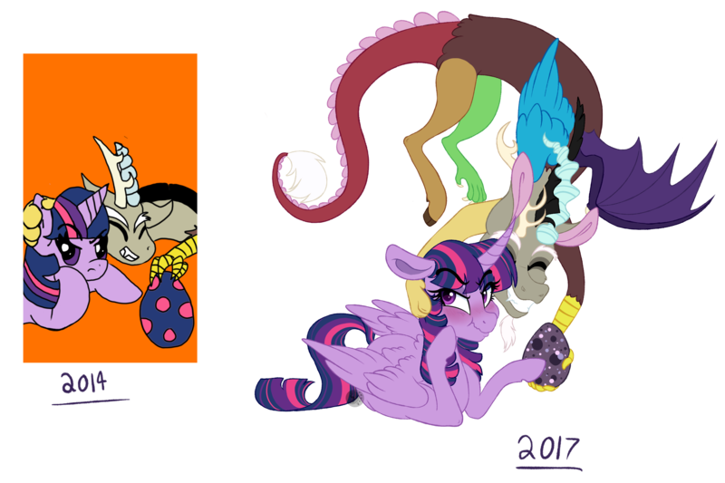 Size: 3000x2000 | Tagged: safe, artist:saphi-boo, derpibooru import, discord, twilight sparkle, twilight sparkle (alicorn), alicorn, draconequus, hybrid, pony, blushing, curved horn, discolight, egg, eye clipping through hair, eyes closed, female, floppy ears, flying, grin, horn, interspecies offspring, male, mare, offspring, parent:discord, parent:twilight sparkle, parents:discolight, redraw, shipping, simple background, smiling, straight, transparent background, twilight is not amused, unamused