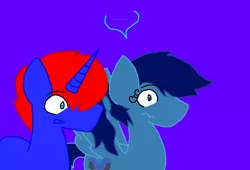 Size: 1033x702 | Tagged: safe, artist:eeveeglaceon, derpibooru import, oc, oc:assassin, oc:old assassin, oc:swashbuckle, unofficial characters only, pegasus, pony, unicorn, tumblr:the sun has inverted, ..., 38, 80, aqua coat, aqua eye, aqua hair scrunchie, blue background, blue coat, blue eye, color change, darkened coat, darkened hair, duo, duo male and female, horn, indigo background, inverted, inverted colors, needs more saturation, pegasus oc, petrification, ponytail, purple background, royal blue hair, sidemouth, simple background, tumblr, unicorn oc, violet background, wide eyes, wings, word balloon, word bubble