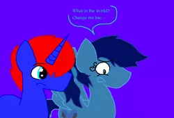 Size: 1033x702 | Tagged: safe, artist:eeveeglaceon, derpibooru import, oc, oc:assassin, oc:old assassin, oc:swashbuckle, unofficial characters only, pegasus, pony, unicorn, tumblr:the sun has inverted, 380, aqua coat, aqua eye, aqua hair scrunchie, blue background, blue coat, blue eye, color change, darkened coat, darkened hair, duo, duo male and female, hair scrunchie, horn, indigo background, inverted, inverted colors, needs more saturation, panicking, pegasus oc, petrification, ponytail, purple background, royal blue hair, scared, sidemouth, simple background, tumblr, unicorn oc, violet background, wide eyes, wings, word balloon, word bubble