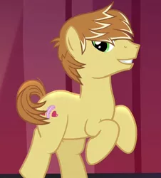 Size: 650x720 | Tagged: safe, derpibooru import, screencap, feather bangs, earth pony, pony, hard to say anything, bipedal, cropped, cutie mark, majestic, male, rearing, smiling