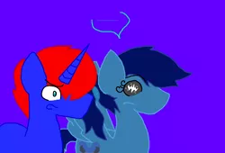 Size: 1033x702 | Tagged: safe, artist:eeveeglaceon, derpibooru import, oc, oc:assassin, oc:old assassin, oc:swashbuckle, unofficial characters only, pegasus, pony, unicorn, tumblr:the sun has inverted, ..., 380, 8(, aqua coat, aqua eye, aqua hair scrunchie, blue background, blue coat, color change, corrupted, darkened coat, darkened hair, duo, duo male and female, horn, indigo background, inverted, inverted colors, needs more saturation, pegasus oc, petrification, ponytail, possessed, possession, purple background, royal blue hair, scared, sidemouth, simple background, tumblr, unicorn oc, violet background, wide eyes, wings, word balloon, word bubble
