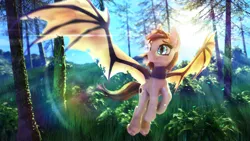 Size: 3840x2160 | Tagged: safe, artist:etherium-apex, derpibooru import, oc, oc:silver veil, unofficial characters only, bat pony, pony, 3d, crepuscular rays, female, flying, forest, lens flare, mare, solo, tree
