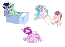 Size: 2874x2086 | Tagged: semi-grimdark, artist:saphi-boo, derpibooru import, princess cadance, princess celestia, oc, alicorn, earth pony, pegasus, pony, unicorn, soul bond au, alternate universe, bed, cutie mark, doctor, female, gritted teeth, implied death, jewelry, male, mare, miscarriage, pain, regalia, simple background, stallion, transparent background