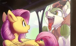 Size: 2000x1217 | Tagged: suggestive, artist:ponythroat, derpibooru import, applejack, autumn blaze, fluttershy, kirin, sounds of silence, against glass, appletini, breath, dock, drool, drool string, female, fetish, frog (hoof), glass, imminent vore, licking, mawshot, micro, open mouth, shrunk, size difference, teeth, tongue out, underhoof, window