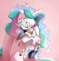 Size: 1318x1378 | Tagged: safe, artist:vindhov, derpibooru import, princess celestia, oc, oc:cerulean, alicorn, pony, alicorn oc, colt, female, horn, hug, male, momlestia, mother and child, mother and son, offspring, parent:good king sombra, parent:king sombra, parent:princess celestia, parents:celestibra, pink background, simple background, unshorn fetlocks, wings