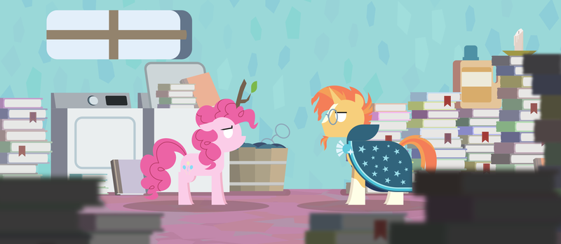 Size: 3925x1707 | Tagged: safe, anonymous artist, derpibooru import, pinkie pie, sunburst, earth pony, pony, unicorn, book, candle, clothes, dryer, female, glasses, laundry, laundry basket, laundry detergent, laundry room, male, mare, robe, sad, socks (coat marking), stallion, stick, sunburst is not amused, washing machine, white eyes, window