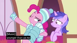 Size: 1920x1080 | Tagged: safe, derpibooru import, edit, edited screencap, screencap, pinkie pie, earth pony, pony, unicorn, sundae sundae sundae, spoiler:interseason shorts, caption, female, mare, meme, one eye closed, youtube caption