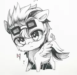 Size: 1280x1234 | Tagged: safe, artist:swaybat, derpibooru import, oc, oc:aj, pegasus, pony, chibi, glasses, male, monochrome, sketch, solo, stallion