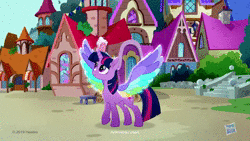 Size: 1280x720 | Tagged: safe, derpibooru import, screencap, twilight sparkle, twilight sparkle (alicorn), alicorn, pony, rainbow roadtrip, animated, colored wings, female, mare, movie accurate, multicolored wings, my little pony logo, no sound, rainbow wings, solo, spread wings, webm, wing bling, wings